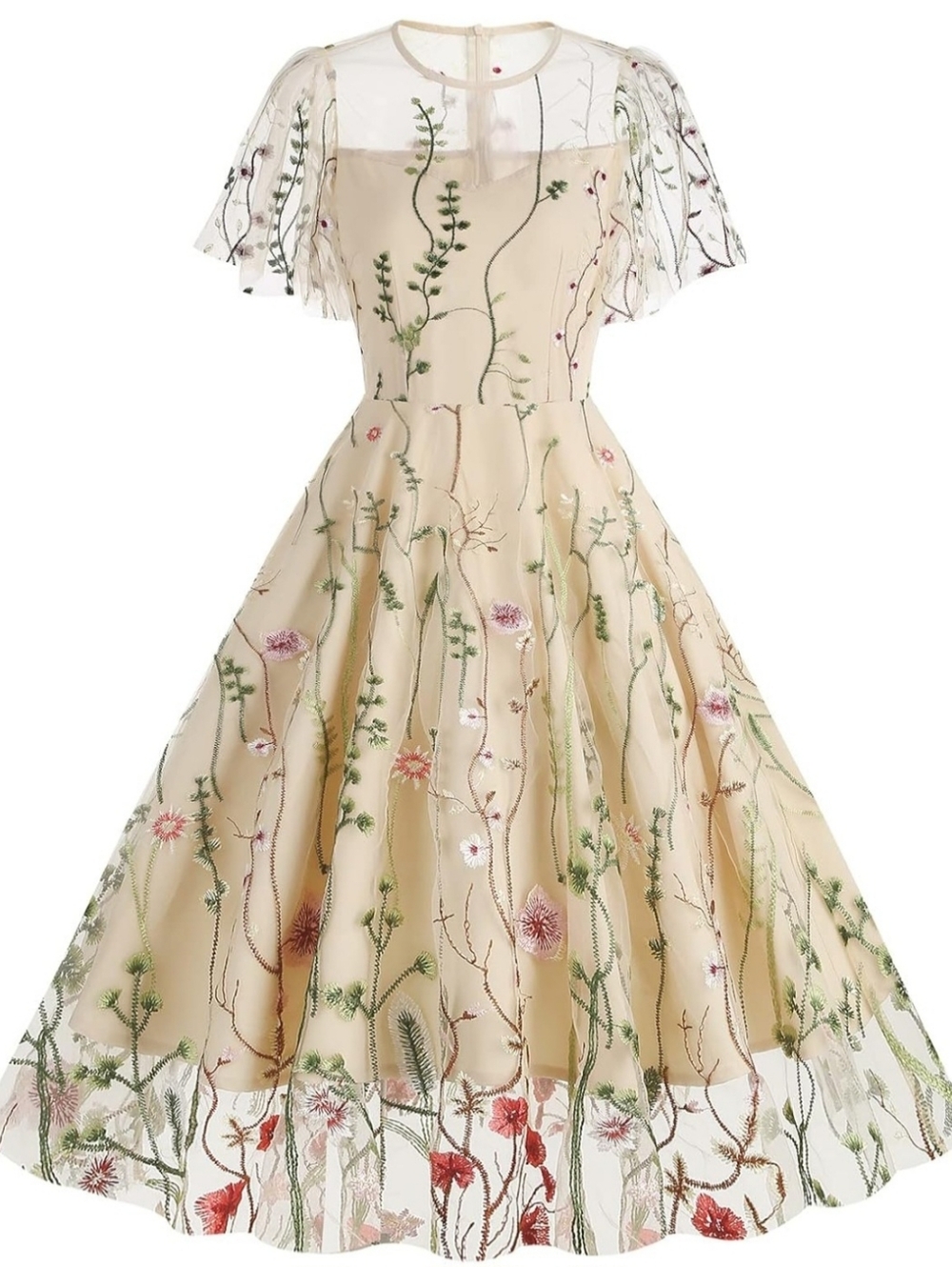 Vintage Inspired Floral Embroidered Beige A-Line Dress NWOT Size Small